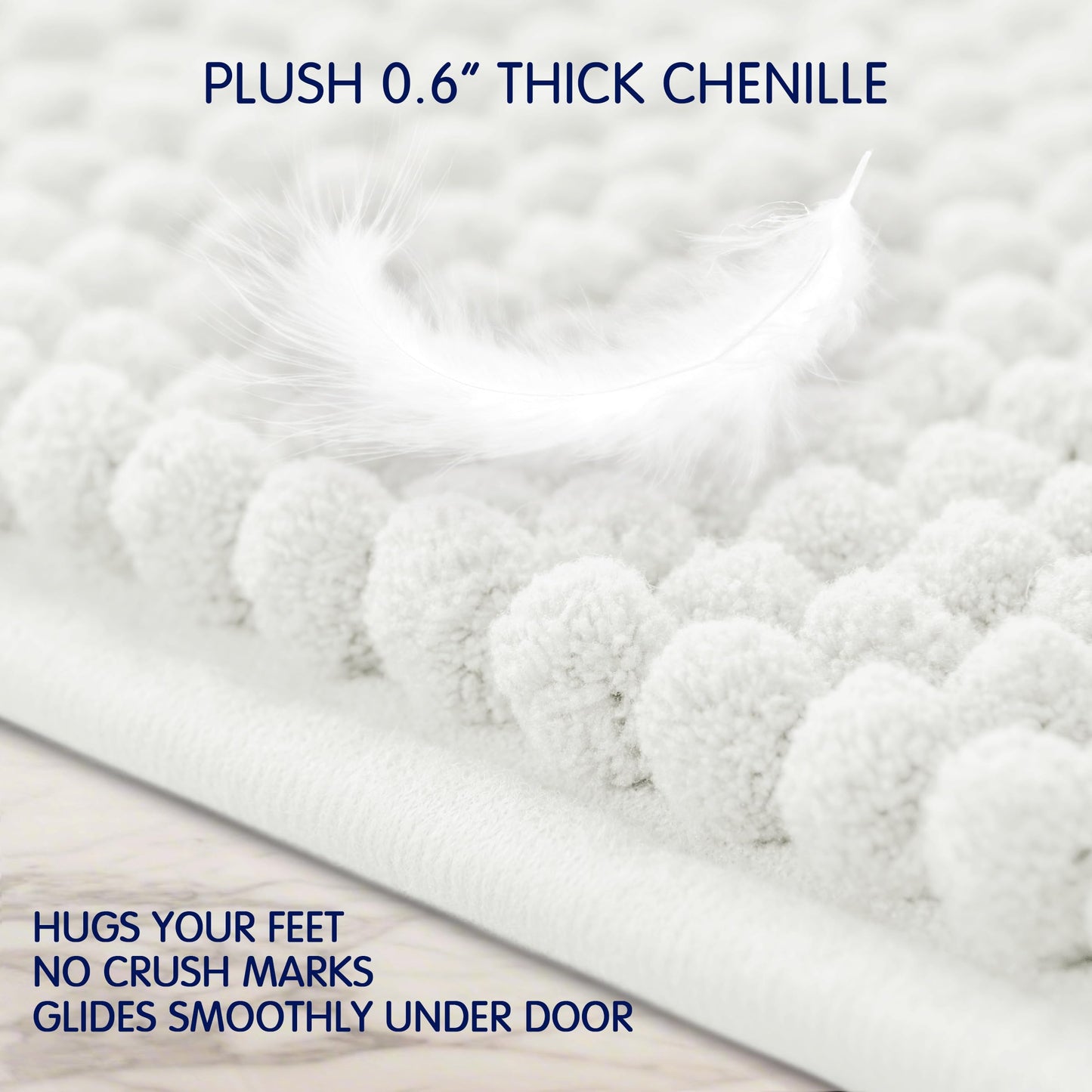 SUBRTEX Bathroom Rugs Chenille Bath Rug Soft Short Plush Bath Mat Soft Shower Mat Water Absorbent Shower Mat Quick Dry Machine Washable(White,16" x 24")