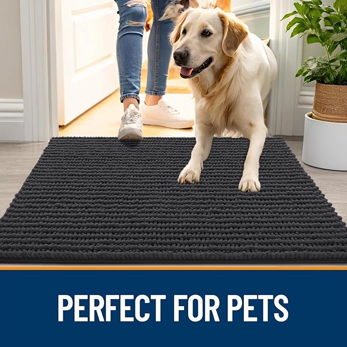 OLANLY Dog Door Mat for Muddy Paws 40x32, Ultra Absorbent Chenille Mud Doormat, Non-Slip Washable and Dirt Trapping Doormat for Indoor Entryway, Quick-Dry Indoor Pet Bed Mats for Dogs, Dark Grey