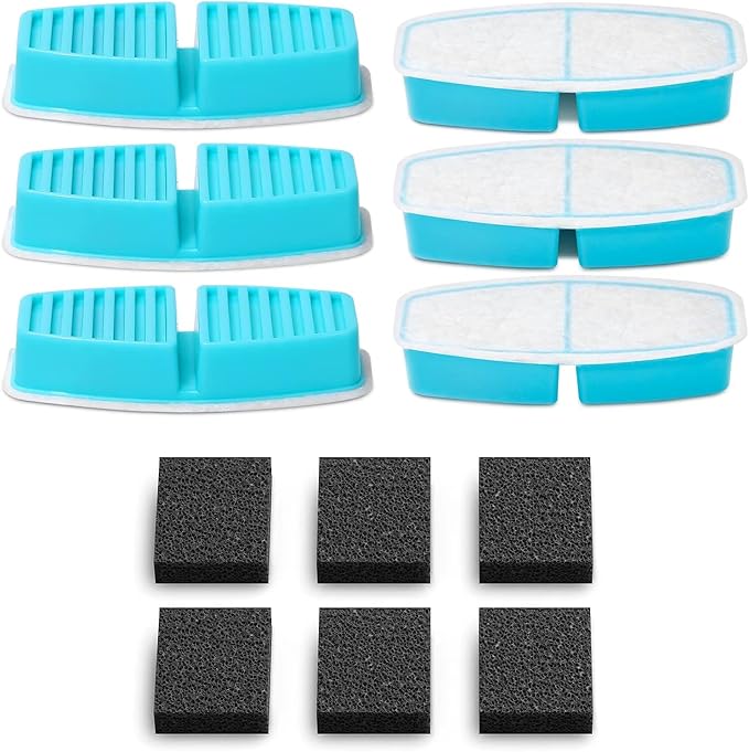Official POOEKEN 12 Packs(6 Filters + 6 Sponges) for B3 Battery Cat Water Fountain, Cat Fountain Replacement Filters with ...