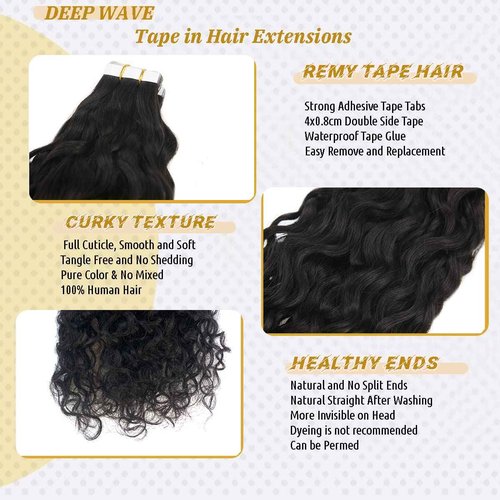 Loose Curly Tape in Human Hair Extensions 18Inch #1B Natural Black Water Wave Tape ins 100% Real Human Hair Extensions for Black Women Double Sided Skin Weft 40PCS 100G