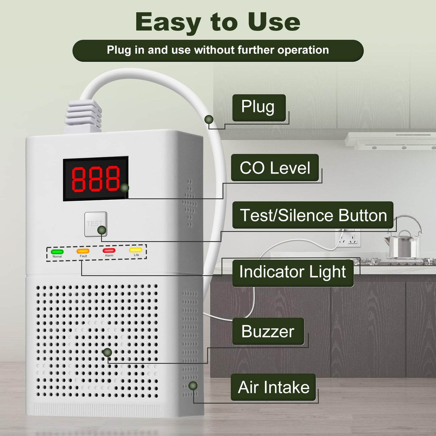 Carbon Monoxide Detector CO Alarm - High-Precision Easy Plug-and-Play Design with Advanced Chip Technology, 85dB Audible Alarm, Clear LCD Display & Sound Alerts for Home, Car, Living Spaces