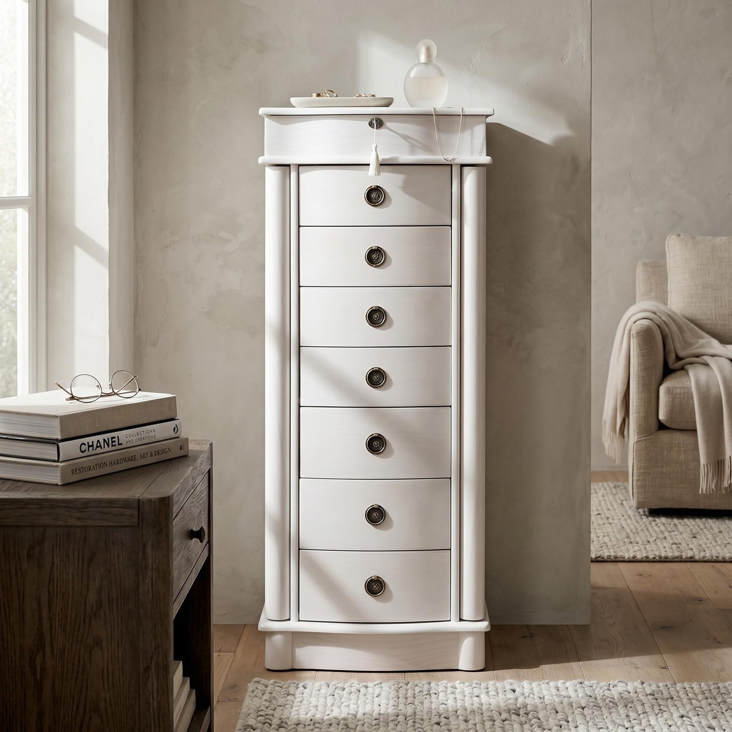 Hives and Honey Noel Standing Jewelry Armoire Cabinet, Locking Organizer with Flip Top Mirror, 2 Side Doors, 7 Drawers, Jewelry Chest for Necklaces, Earrings, Bracelets, White