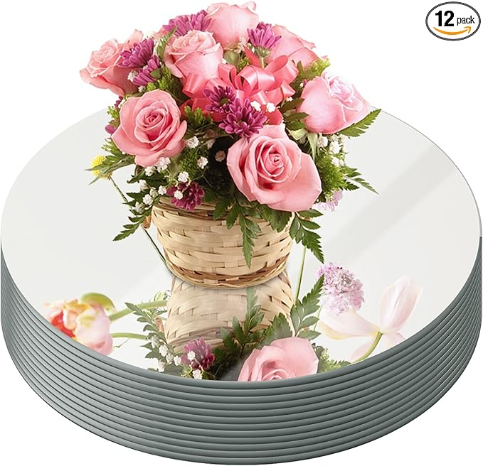 JAMBALAY 12" Round Mirror Centerpieces for Tables, Set of 12 Glass Mirror Table Centerpieces, Circle Glass Mirror Trays, M...