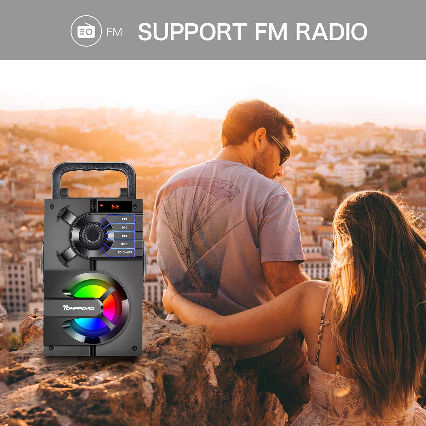 TOMPROAD Bluetooth Speaker, Portable Bluetooth Speakers with Subwoofer Wireless Stereo Sound Rich Bass Outdoor Party Speakers Support Remote Control FM Radio LED Lights