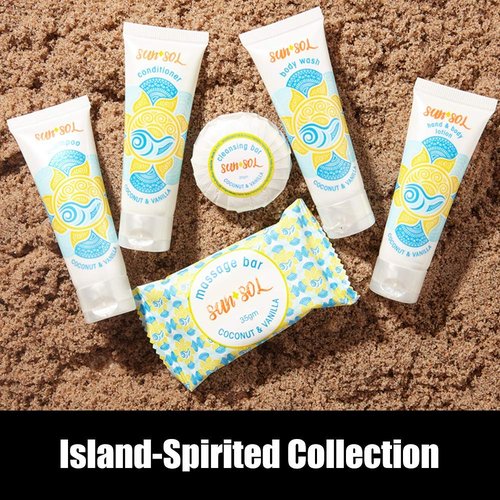 World Amenities Sun + Sol Bulk Moisturizing Massage Bar with Warm Coconut & Vanilla Fragrances, Sachet Wrapped Travel Size Toiletries, Mini Hotel Amenities, 1.23 oz (300 Pack)