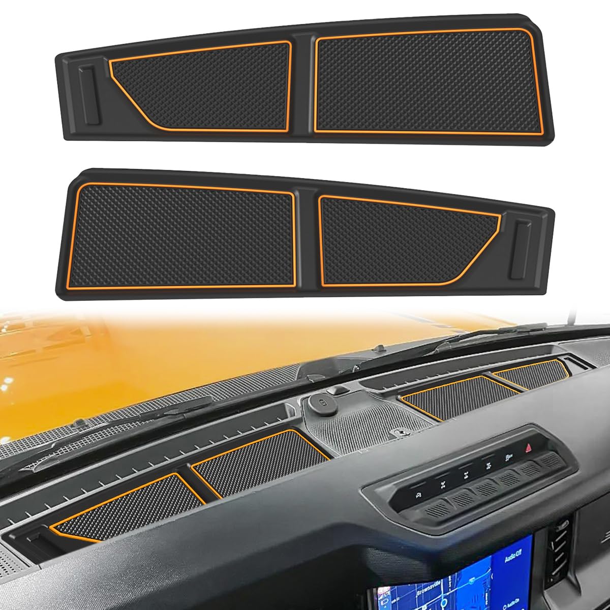 auovo Dash Cover Tray Fit for Ford Bronco Accessories 2026 2025 2021 2022 2023 2024 Anti-Slip Silicone Dashboard Compartments Mat fit Bronco 2/4-Door Interior Dash Pad Liners 2-pc Set (Orange Trim)