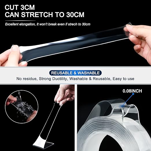 Double-Sided Tape Heavy Duty 16.5 FT x 1.18 in – Clear Removable Mounting Tape for Walls, Carpet, Rugs, Posters – Reusable, No-Residue, Indoor/Outdoor Nano Gel Grip (Pack of 2)