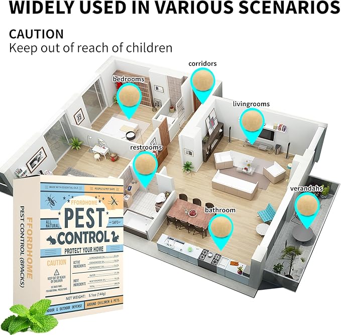 Pest Control Balls - Peppermint Pest Repellent for Mouse, Mice, Rats, Ants, Roaches, Moths & More - Strong Repel Indoor & Outdoor Mouse & Mosquito Deterrent - 8 Balls