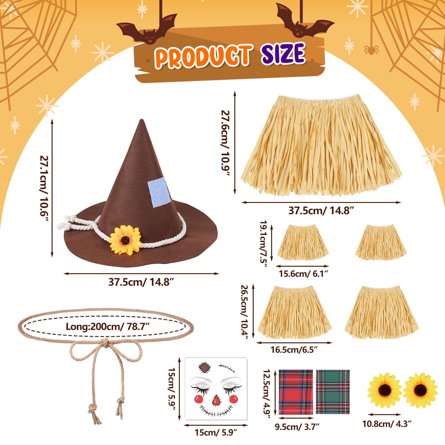 MOVINPE 12 Pieces Scarecrow Costume Kit for Adult Kids, Raffia Scarecrow Accessories Felt Hat Rope Face Decals Sunflower Patchwork for Halloween Harvest Cosplay Party Brown