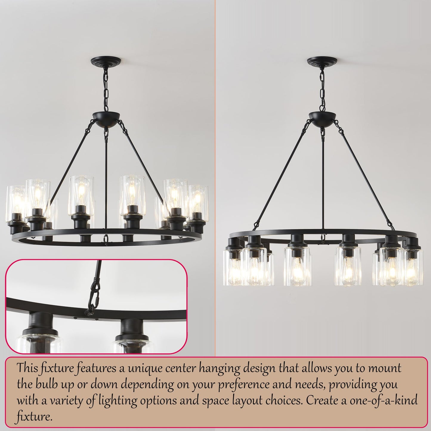 JTYP 32“ Black Wagon Wheel Chandelier, 12-Light Farmhouse Glass Pendant Lights Kitchen Island Round Hanging Lighting fixtures Ceiling for Living Room, Dining Room, Kitchen Island, Entryway, Foyer