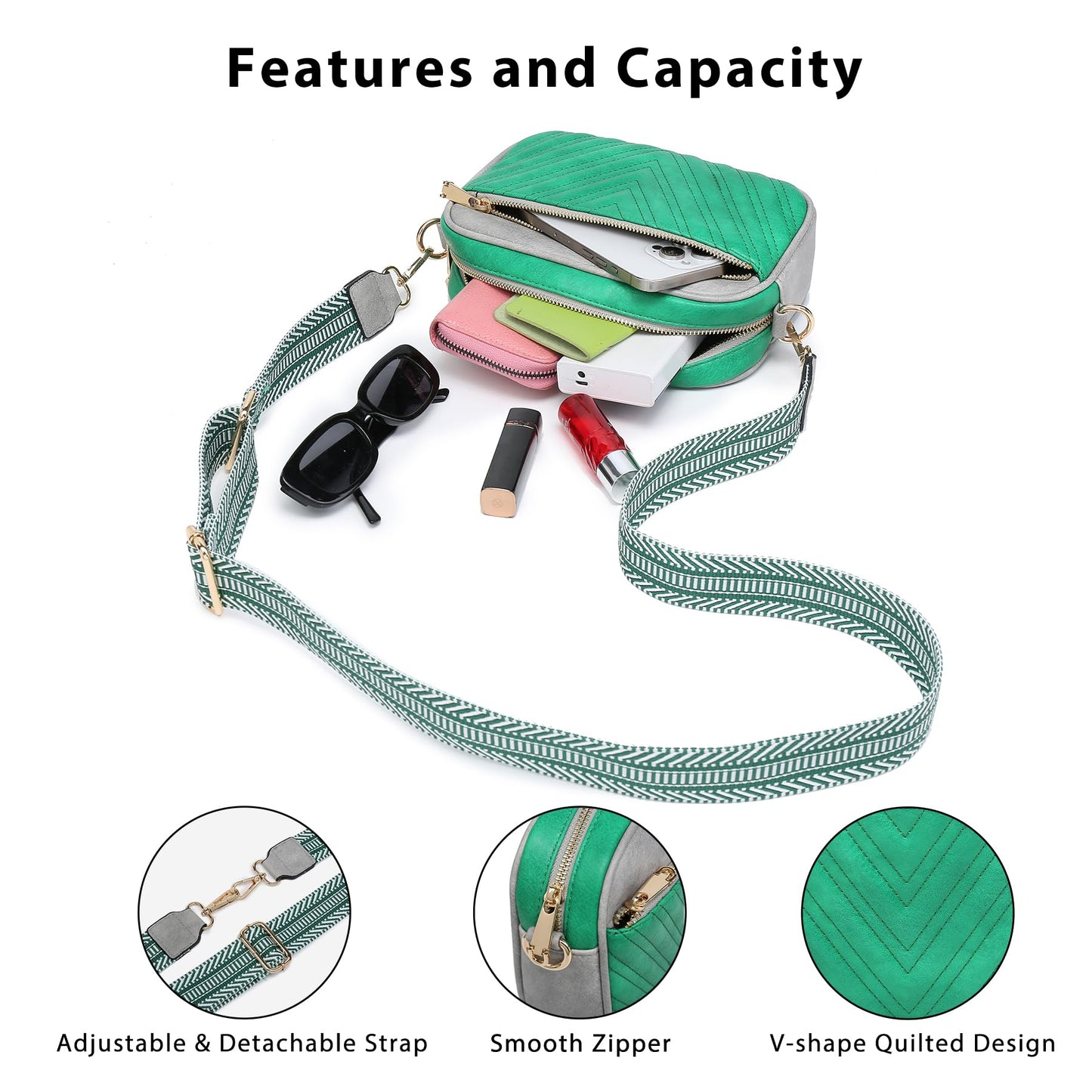 VONMAY Crossbody Purse for Women Quilted Crossbody Bags Vegan Leather Purses Small Shoulder Handbags with Wide Strap (Green/Grey)