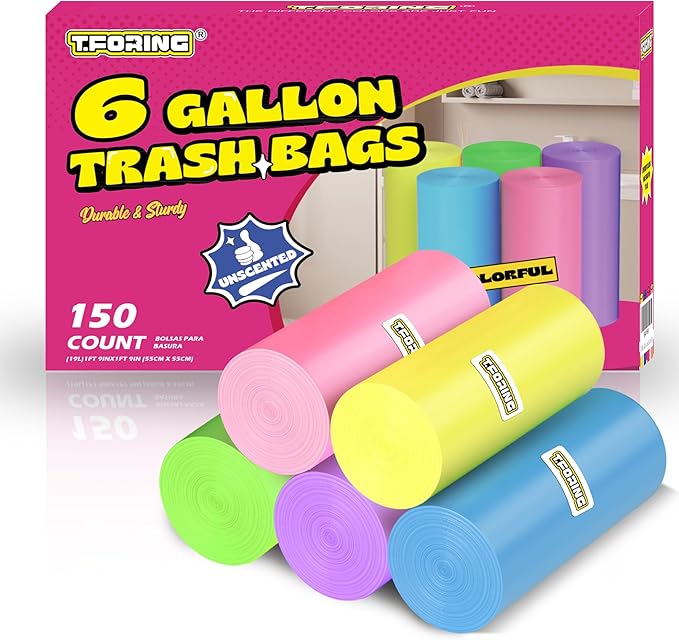 6 Gallon Trash Bags Colored 0.94 Mil Thick - 150 Count Medium Garbage Bags for Bathroom, 22 Liter Plastic Wastebasket Liners for Home Office Kitchen
