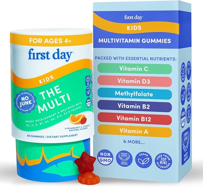 First Day Kids Multivitamin Gummies Age 4+, Strawberry & Orange - Kids Vitamins Multivitamin Gummy A C D3 K2 B1 B2 B6 B12 ...