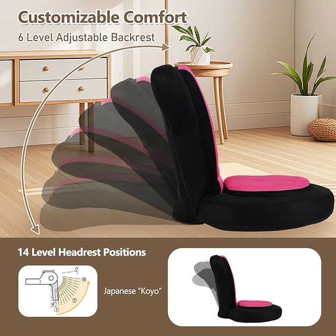 Giantex Floor Chair for Adults, Floor Gaming Chair with 5-Level Adjustable Backrest and 14 Headrest Positions, Breathable Mesh Cover, Seating Lounge Chair for Reading, Meditation, Watching TV (Pink)