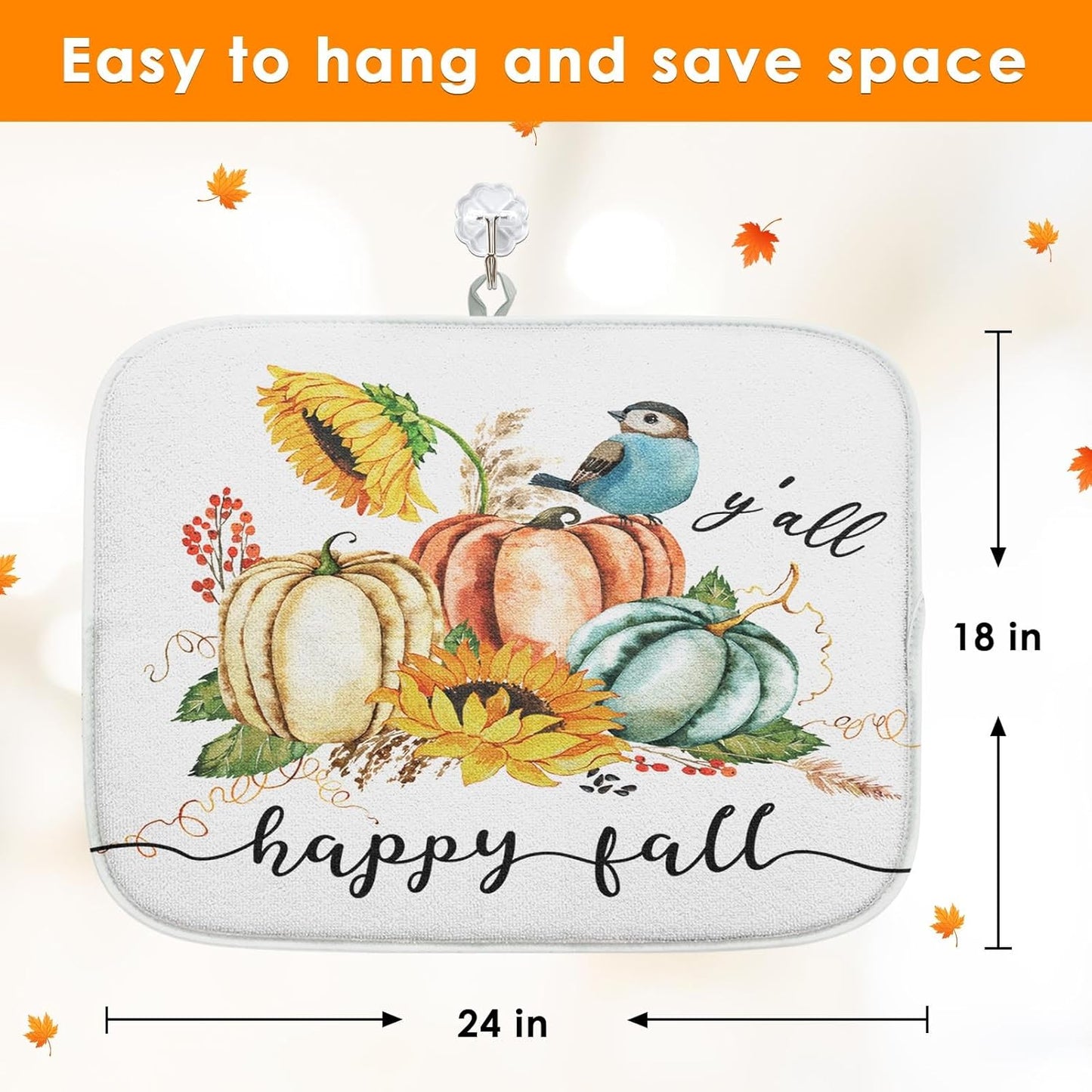 Sanwarm Absorbent Dish Drying Mat, Happy Fall Pumpkin Microfiber Pad for Kitchen Counter, Autumn Thanksgiving Fruit for Coffee Bar Decor, Heat Resistant and Reversible, 18" x 24"