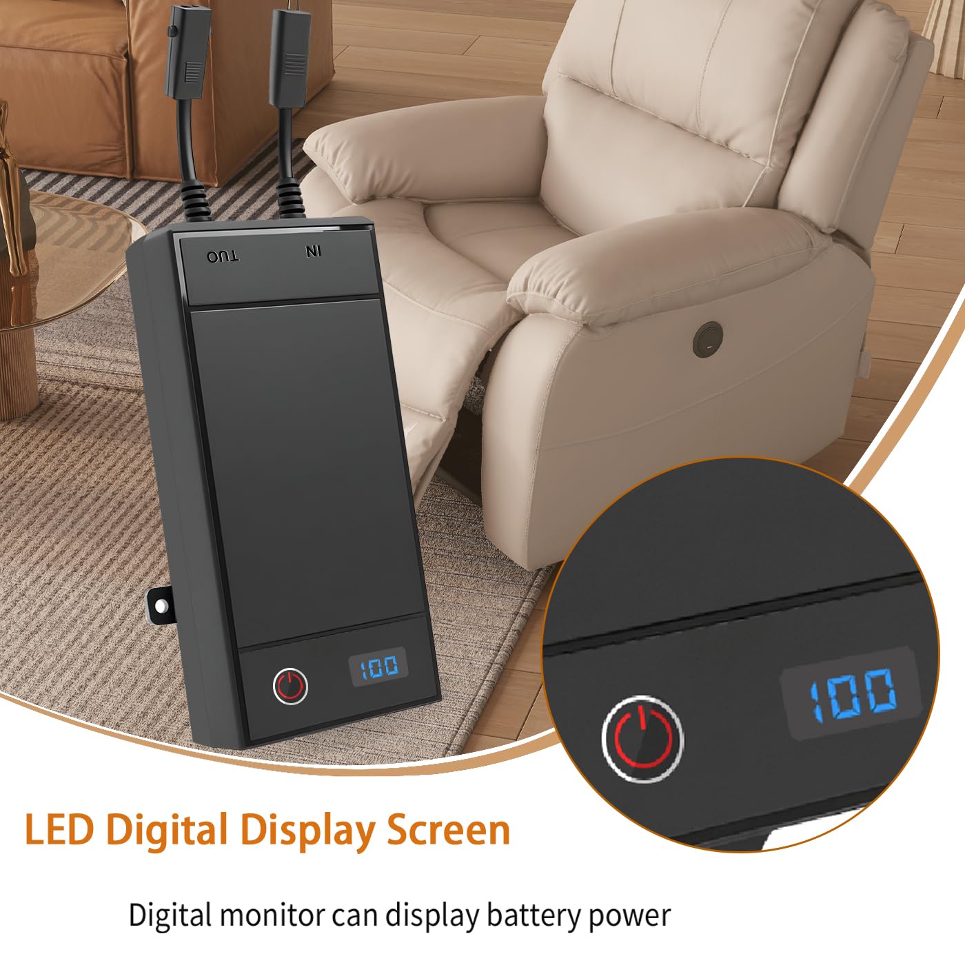 Xpopox 2 Pack Battery Packs for Reclining Furniture - 2500mAh with LCD Display for Electric Recliners, Power Sofas, Lift Chairs and Couch - only Compatible with 2-Pin Connector Motion Furniture