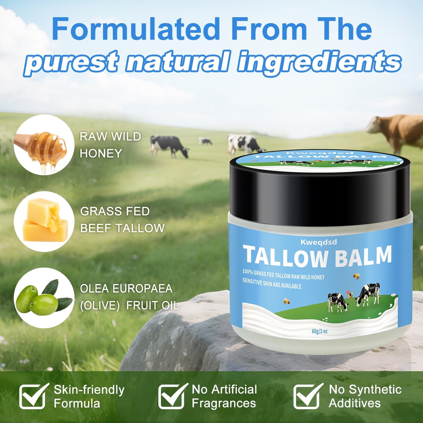Kweqdsd 5 Pack Organic Grass-Fed Beef Tallow Balm with Raw Honey, Grass Fed Beef Tallow Face Moisturizer, Natural Tallow Skin Ca