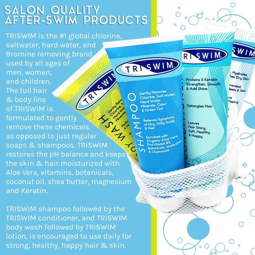 TRISWIM Gift Set Value Pack of 4 + Mesh Bag Travel Kit Swim Care Chlorine Removal Body Wash + Swimmers Shampoo + Conditioner and Lotion 8.5 fl oz for Hydrated Skin and Healthy Hair