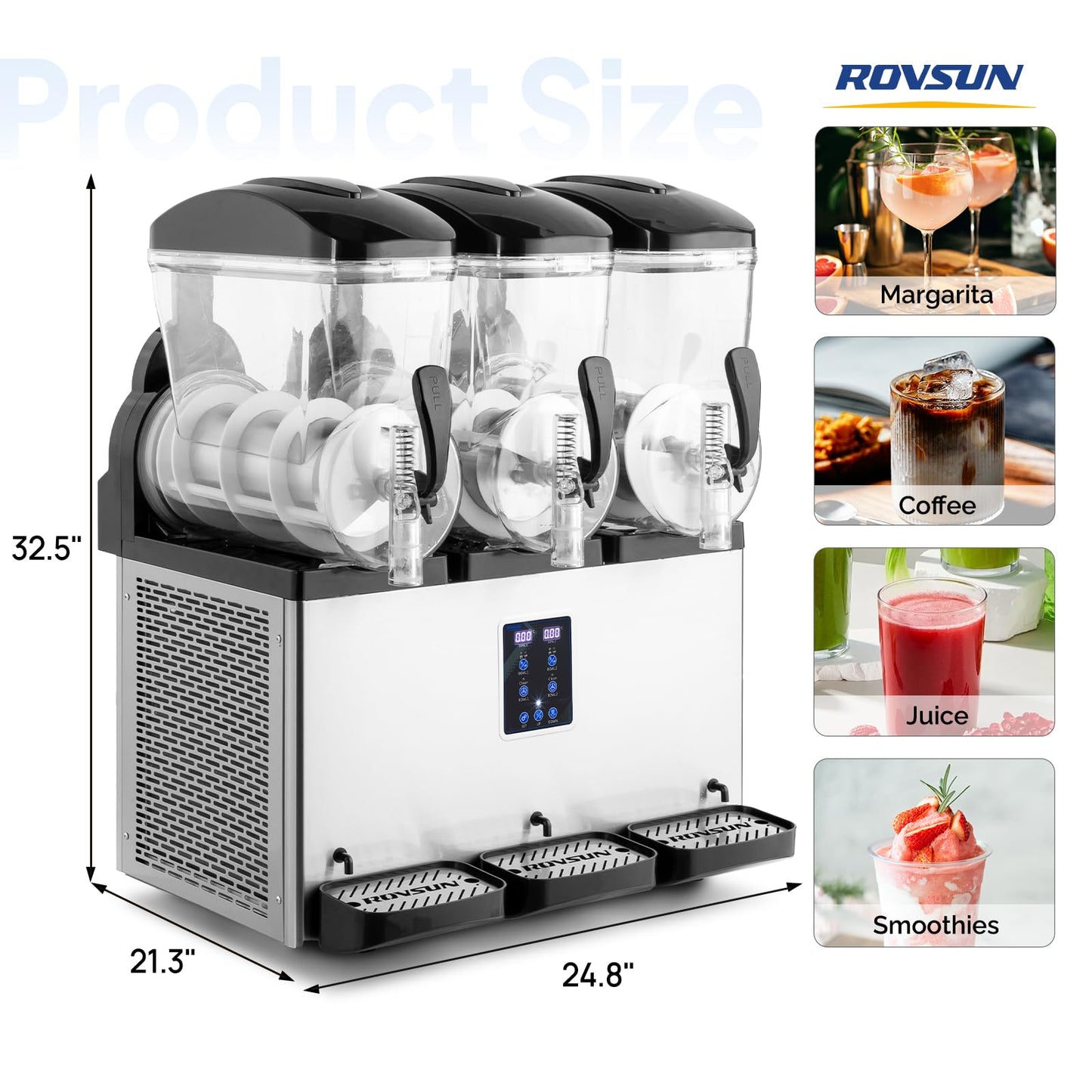 ROVSUN 15L X 3 Tanks Commercial Slushy Machine, 12 Gal/45L Slushie Machine Frozen Drink Machine, Margarita Machine Efficient Cooling Stainless Steel for Home Restaurant Bar Party Cafes