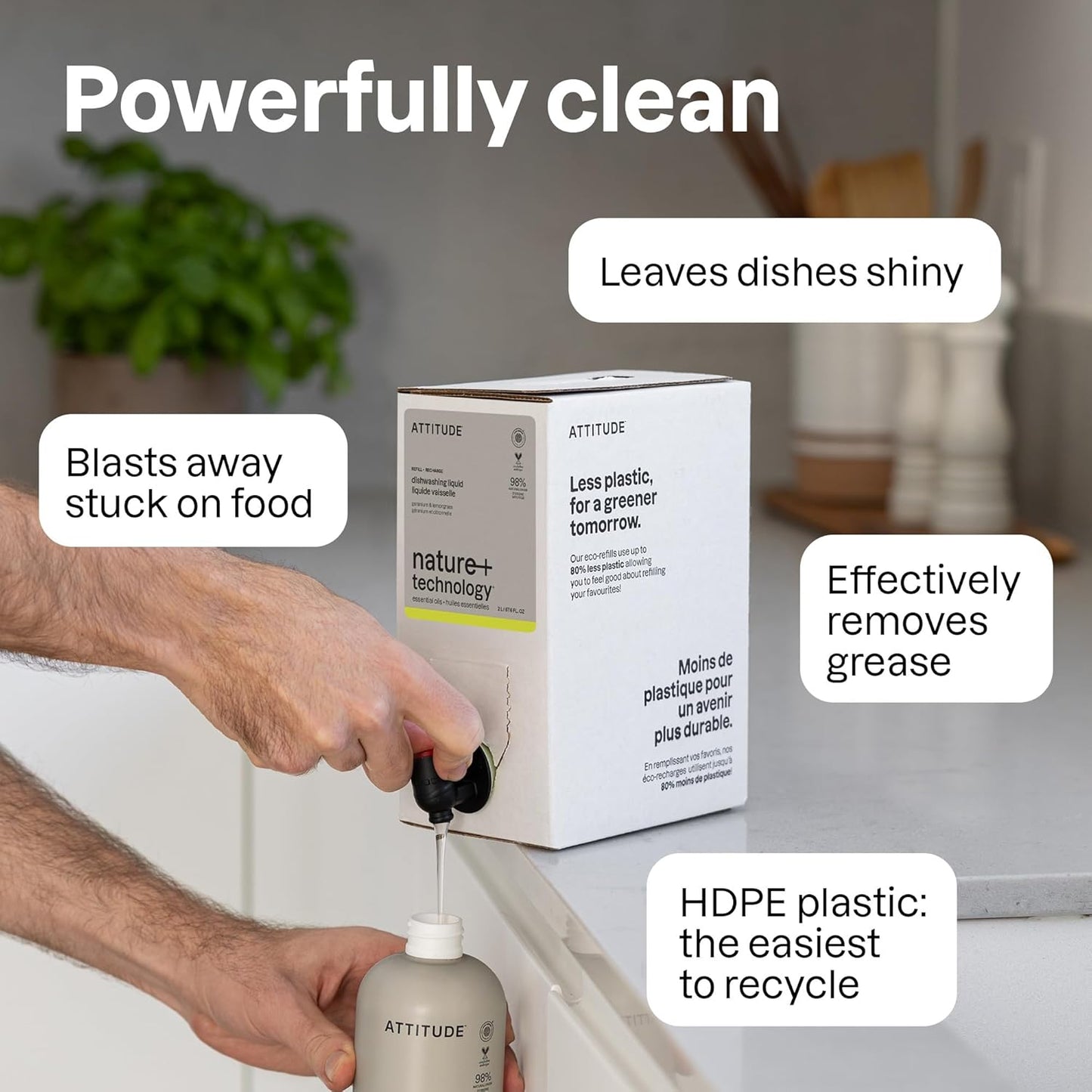ATTITUDE Dish Soap, Infused with Essential Oils, Plant-Based Ingredients, EWG Verified, Great for Clean and Sparkling Dishes, Vegan Dishwashing Liquid, Geranium & Lemongrass, 488 mL