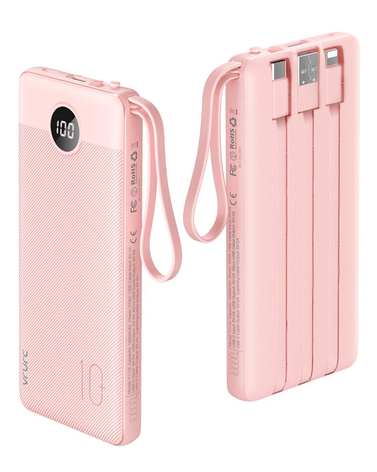 VRURC Portable Charger Power Bank, 10000mAh Travel Essentials Battery Pack, 5 Outputs 2 Inputs Slim Charging Bank Built-in Cables Cords Wires Compatible with iPhone,Samsung,Android-Pink(1 Pack)