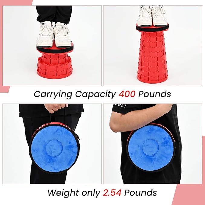 FXKS 2 Pack Upgraded Collapsible Stool Folding Stool with Cushion,Retractable Folding Stool Max Load Capacity 400lbs, Portable Telescoping Stools for Camping Hiking Outdoor BBQ -Red