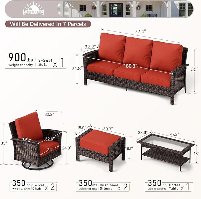 SUNSHINE VALLEY 6 Piece Patio Furniture Set with Swivel Chairs, High Back Wicker Rattan Sofa with Extra Thick Cushion, Coffee Table and Ottoman, Outdoor Conversation Set for Backyard Deck,Red