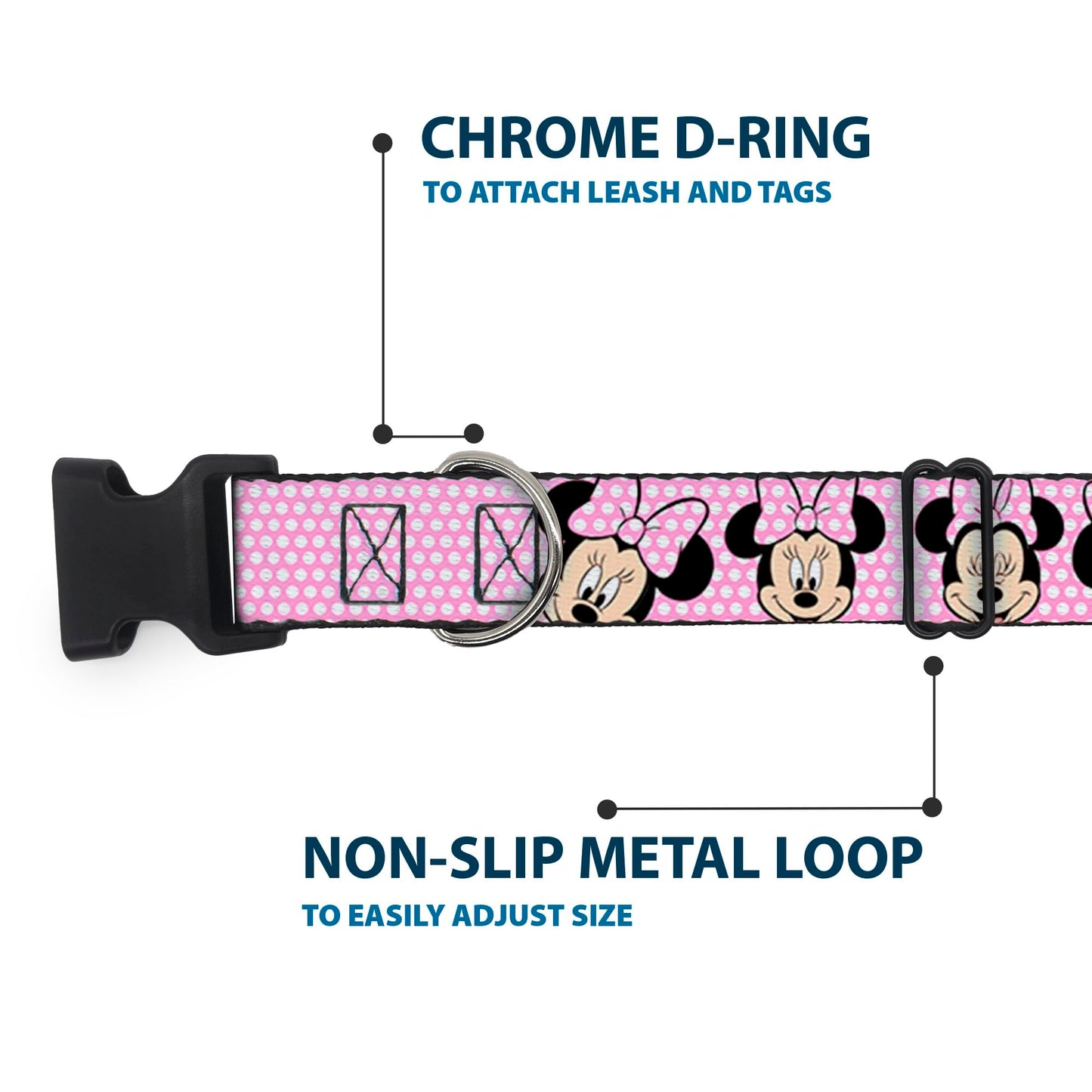 Buckle-Down Plastic Clip Collar - Minnie Mouse Expressions Polka Dot Pink/White - 1.5" Wide - Fits 16-23" Neck - Medium