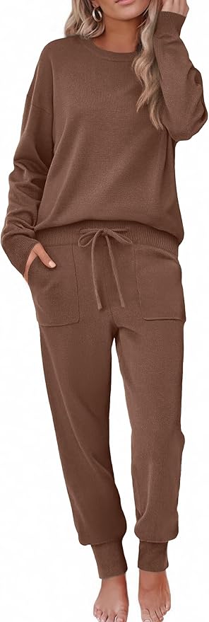 Ekouaer Women's 2 Piece Lounge Set Long Sleeve Knit Pajamas Sweatsuit Jogger Pant Outfits With Pockets S-XXL