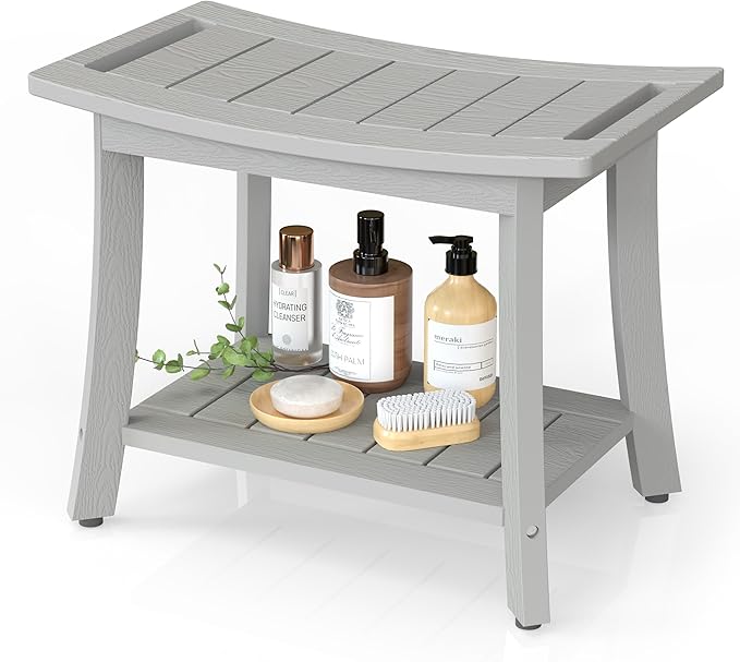 Waterproof Shower Benches for Inside Shower, Poly Lumber Shower Stool with Storage Shelf & Adjustable Feet, SPA Bathroom Seat Chair for Shaving Legs, Indoor or Outdoor Use, Grey