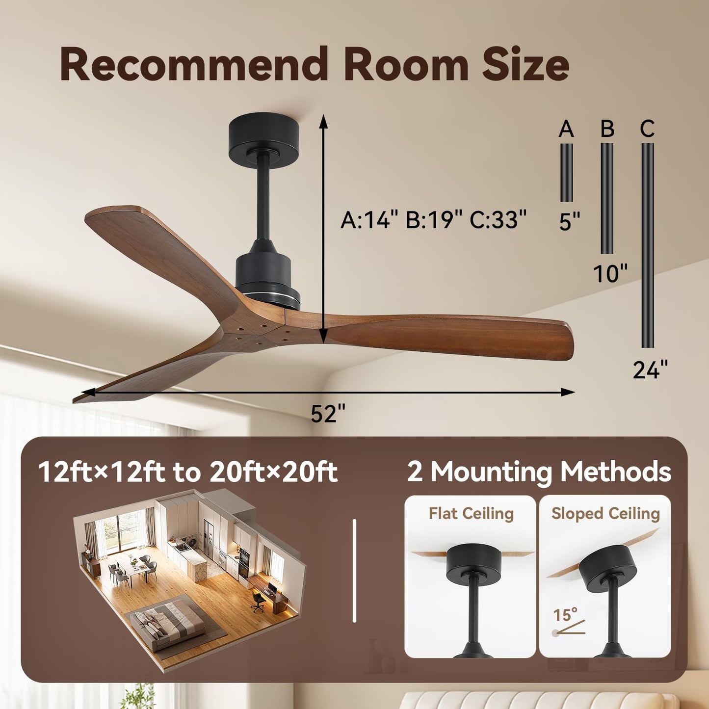 Sofucor Ceiling Fan no Lights, 52 Inch Low Profile Flush Mount Ceiling Fans with Remote, Modern Wood Ceiling Fan for Bedroom Indoor Outdoor, 6-Speed Reversible DC Motor Dimmable Timer
