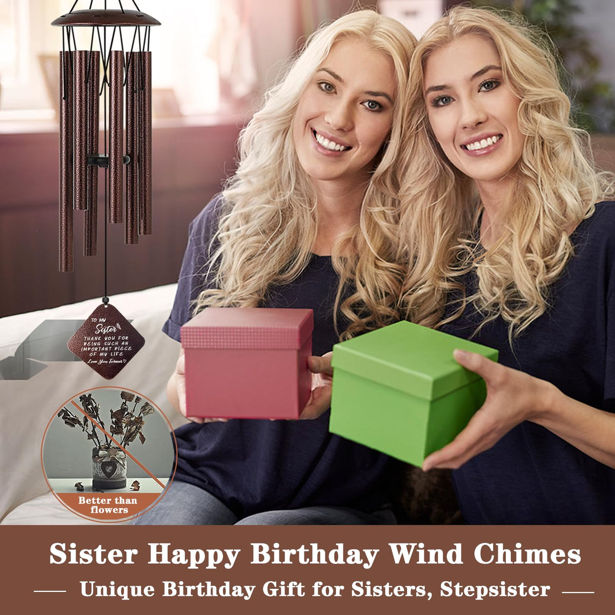 Doopeer Sister Birthday Gifts, Unique Birthday Gift Ideas for Sister from Sister Brother, 32" Bronze Wind Chimes