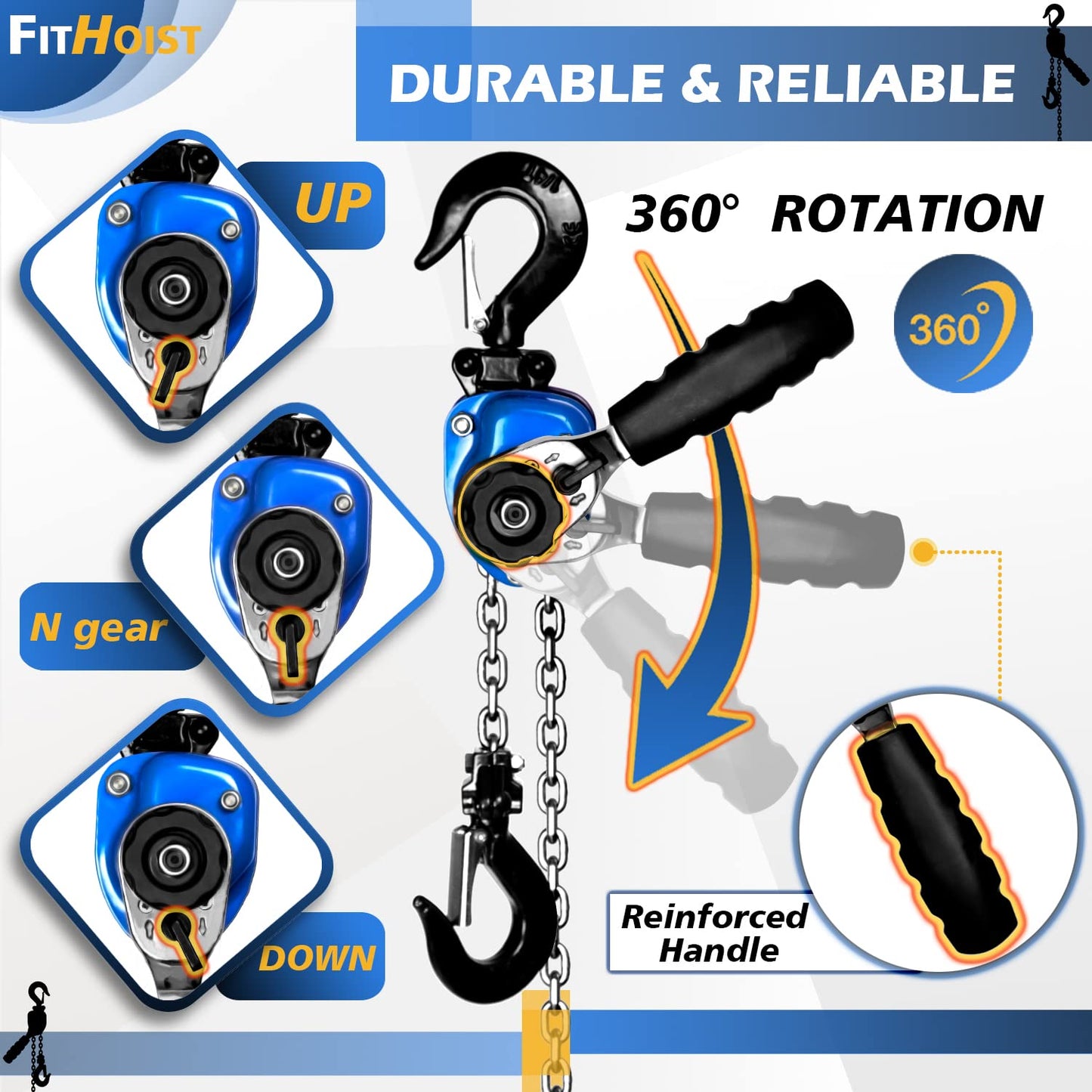 FITHOIST Mini Chain Hoist 1/4 ton 550Lbs Capacity 10ft Lift Small Come Along Alloy Steel G80 Chain 2 Heavy Duty Hooks, Manual lever chain hoist for Garages Warehouse Automotive Machinery