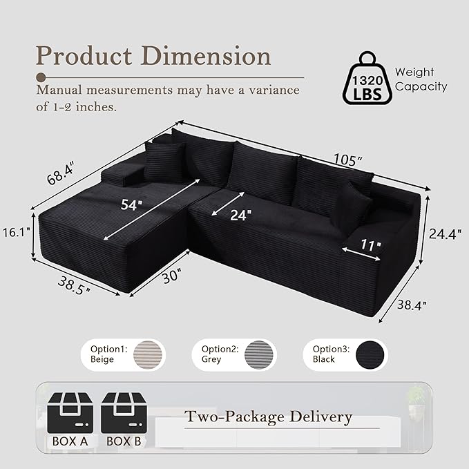 105’’ L-Shape Modular Sectional Sofa with Chaise, Convertible Cloud Couch, Corduroy Fabric & High-Density Memory Foam, No Assembly Required for Living Room (Black, Left Facing Chaise)