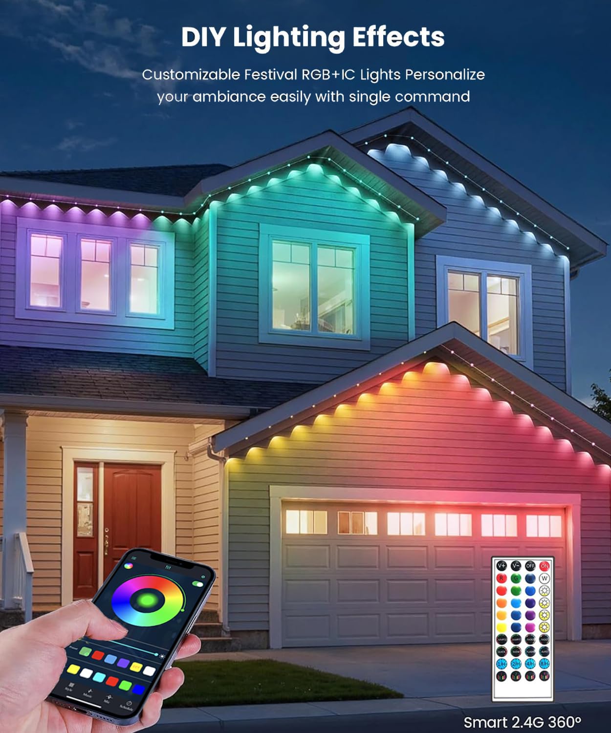 Permanent Outdoor Lights for House,100ft RGB+IC Smart Outdoor Decor,DIY Scene Modes, App/Remote Control,IP67 Waterproof, for Christmas,Holiday, Daily & Pool Party Decor, House Roof Lighting