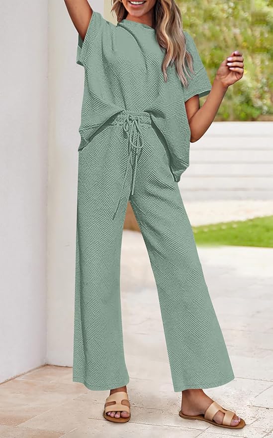 PRETTYGARDEN 2 Piece Outfits For Women Casual Tracksuit Short Sleeve Tops And Wide Leg Long Pants Matching Lounge Sets