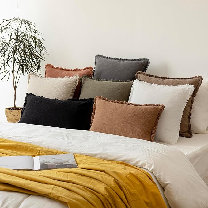 Foindtower Set of 2 Decorative Linen Fringe Throw Pillow Covers Cozy Boho Farmhouse Cushion Cover with Tassels Soft Accent Pillowcase for Couch Sofa Bed Living Room Home Decor, 16×16 Inch, Light Brown