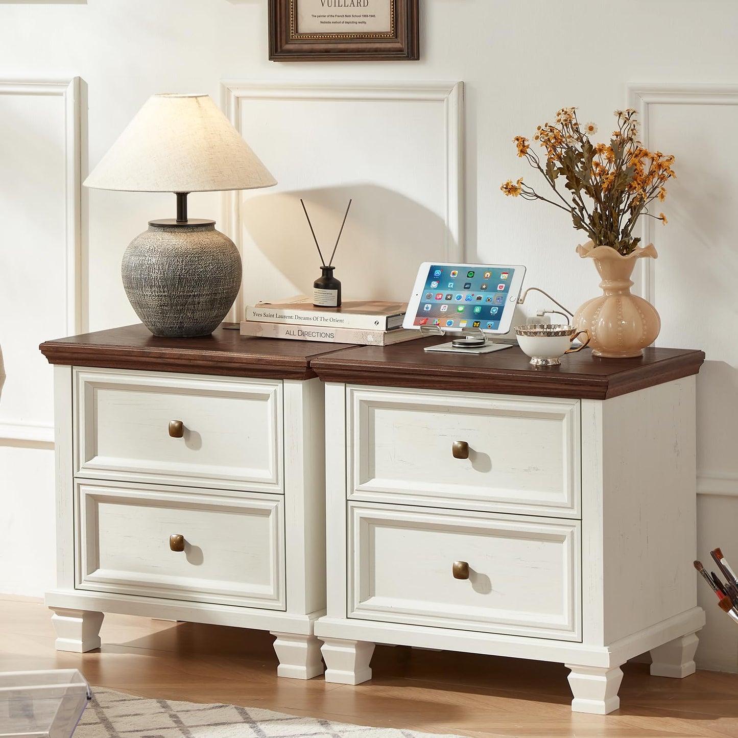 SAVOR LIFE Farmhouse Nightstand Set of 2, Rustic Low Nightstands with 2 Drawers & Charging Station, Vintage Night Stands with 4 Square Solid Wood Legs, Small Dresser for Bedroom, Home, White