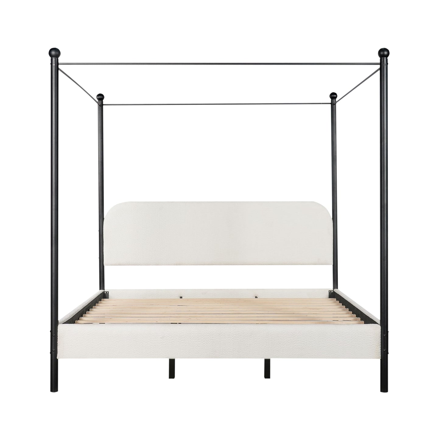 Merax King Size Canopy Bed with Upholstered Headboard, Modern Platform Bed Frame with Iron Legs, No Box Spring Needed