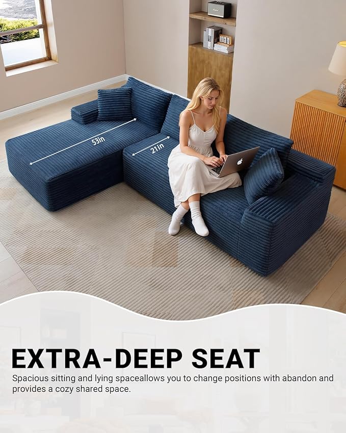 108" Cloud Sectional Couch,Modern Modular Sectional Sofa with Deep Seat,Corduroy Boneless Couches with L-Shape Chaise for Living Room,No Assembly Required (Blue, Left Facing Chaise)