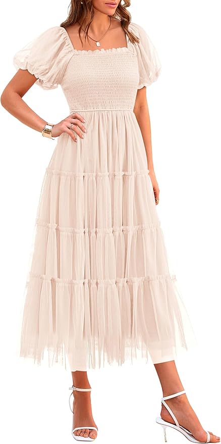 PRETTYGARDEN Women's Smocked Midi Tulle Dress 2026 Summer Puffy Short Sleeve Square Neck Ruffle Wedding Guest Party Dresses