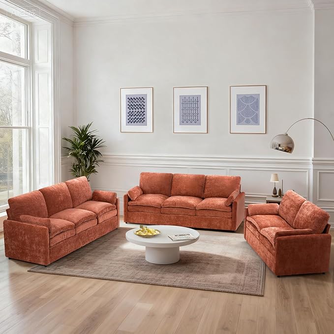 ACMEASE 3 Pieces Chenille Sofa Set w/Arm Pillows, Upholstered Loveseat & 2 Pieces 3 Seater Sofa w/Comfortable Back Cushions, Modern 2-Seat & 3-Seat w/High-Density Foam for Living Room, Orange