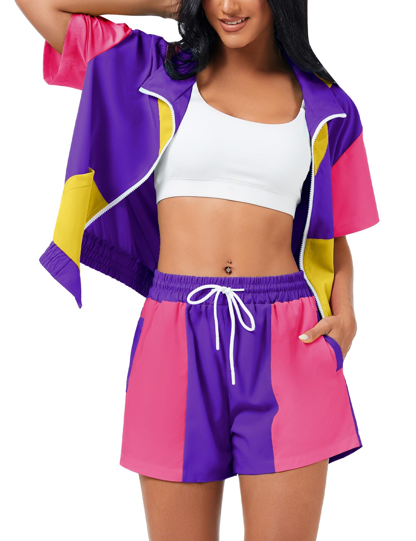 ZDT Women's Color Block 80s 90s Outfit 2 Piece Short Sleeve Costume Zip Up Windbreaker Track Suits Set Purple XL