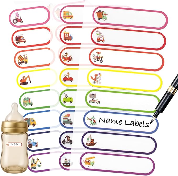Labels for Daycare - Self-Laminating Kids Name Labels, Waterproof & Reusable School Name Stickers, 128-Pack Assorted Sizes & Colors