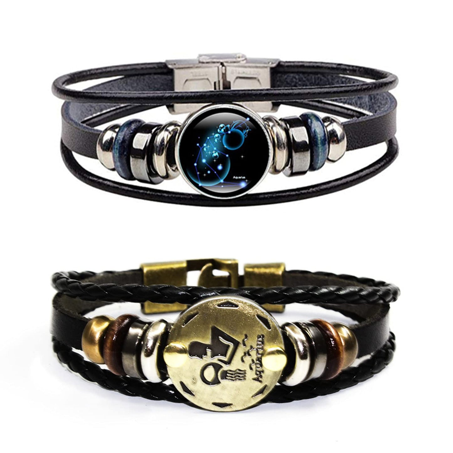 Dcfywl731 2Pcs Aquarius Zodiac Bracelets for Women 12 Constellations Multilayer Leather Bracelet Handmade Woven Zodiac Sign Wrap