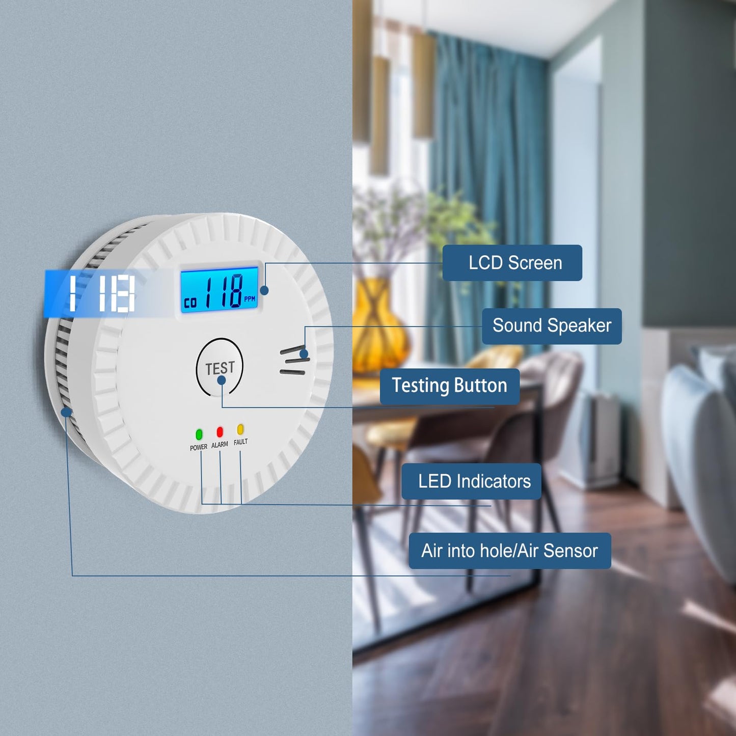 5 Pack Smoke Detector Carbon Monoxide Detector Combo Battery Powered,Carbon Monoxide Detector Smoke Alarm with Test Button,Fire Alarm with Digital Display for Home,Kitchen