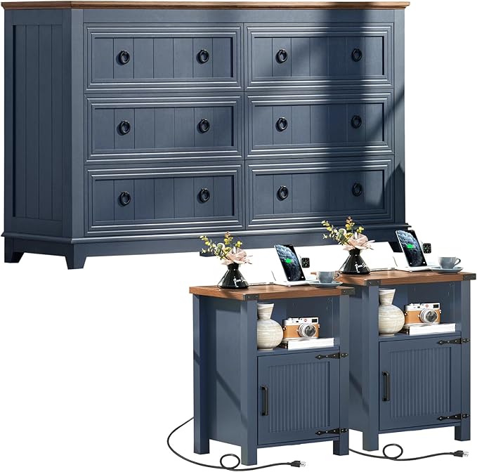 Joaxswe Farmhouse Dresser and Nightstand Sets 3 Piece, Furniture Set 18" Night Stand with Charging Station and 6 Drawers Dressers for Bedroom, 54" Dresser and Nightstand Set for Bedroom, Living Room