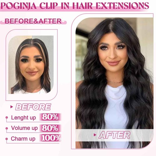 POGINJA Clip in Hair Extensions Real Human Hair, Remy Human Hair Clip in Extensions for Black Women, Invisible Natural Straight Seamless Clip ins Hair Extensions 8pcs Double Weft #1B 24inch 120g