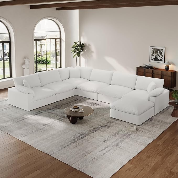 Cloud Modular Couch for Living Room,7 Seater U Shape Linen Blend Sofas,Modern Deep Seat Cloud Sofas,Convertible Comfort Down Filled Sectional Couches,Removable Washable Cushion Covers,White