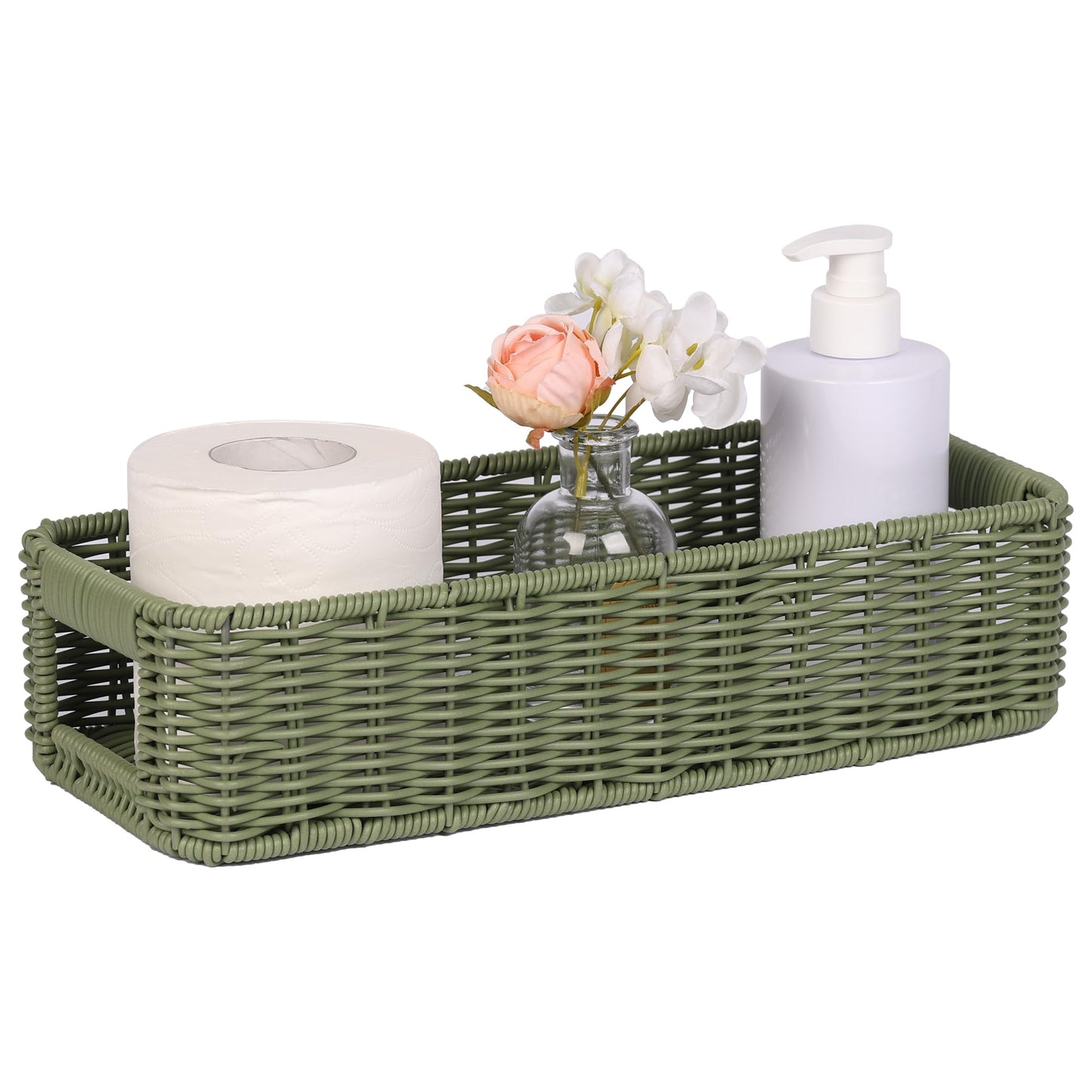 Storage Wicker Basket Decor: Green Decorative Storage Bin for Countertop and Shelves - Waterproof Toilet Paper Basket over Toilet Tank